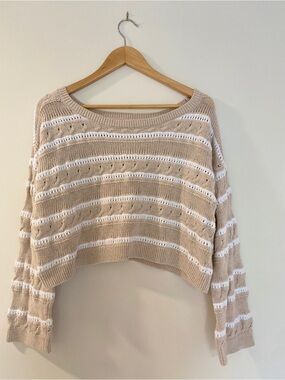 Hollister Cotton Pullover Sweater, Beige & White, Size M